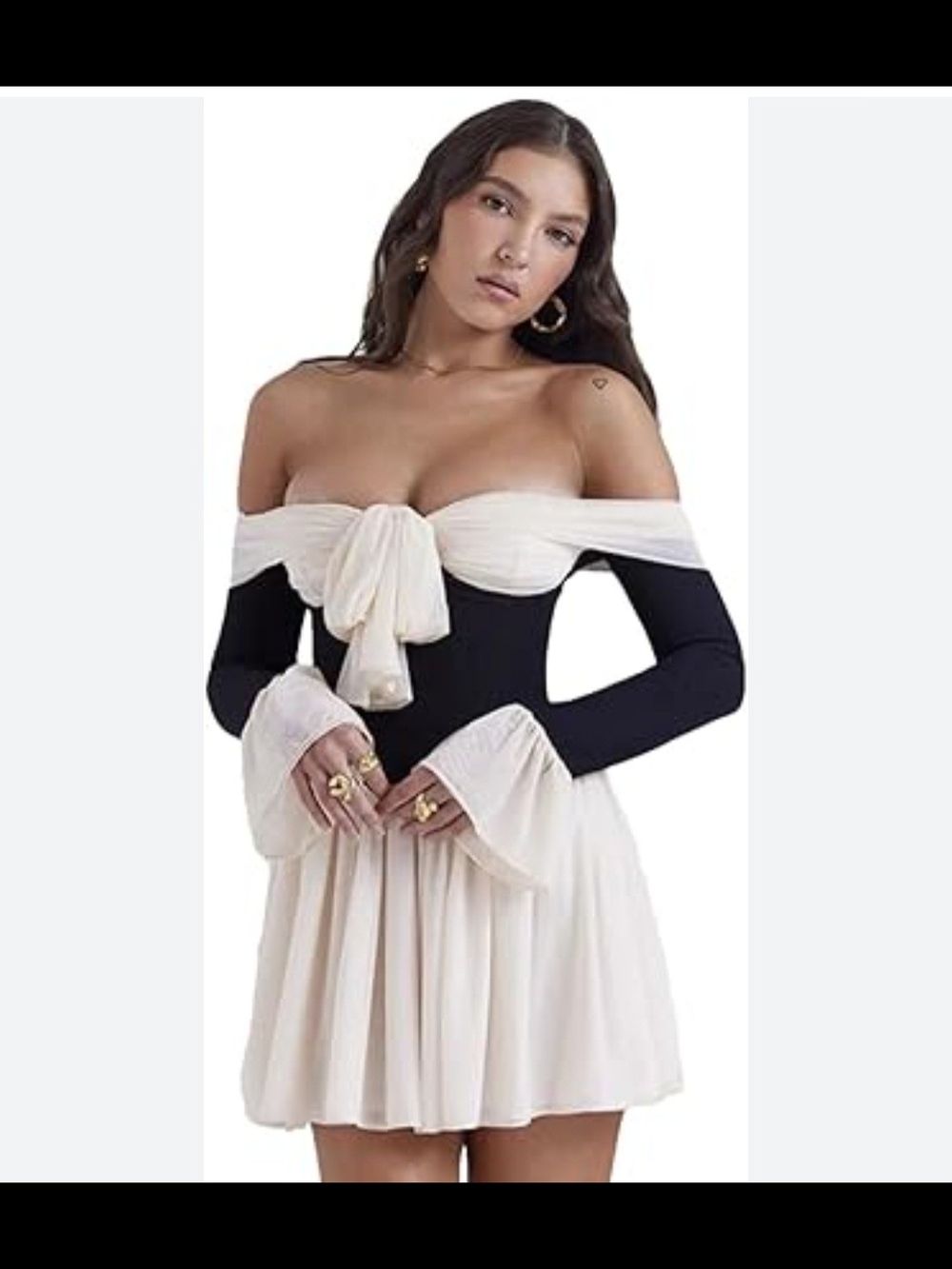 privy Cream and Black Off-Shoulder Mini Dress with Front Tie